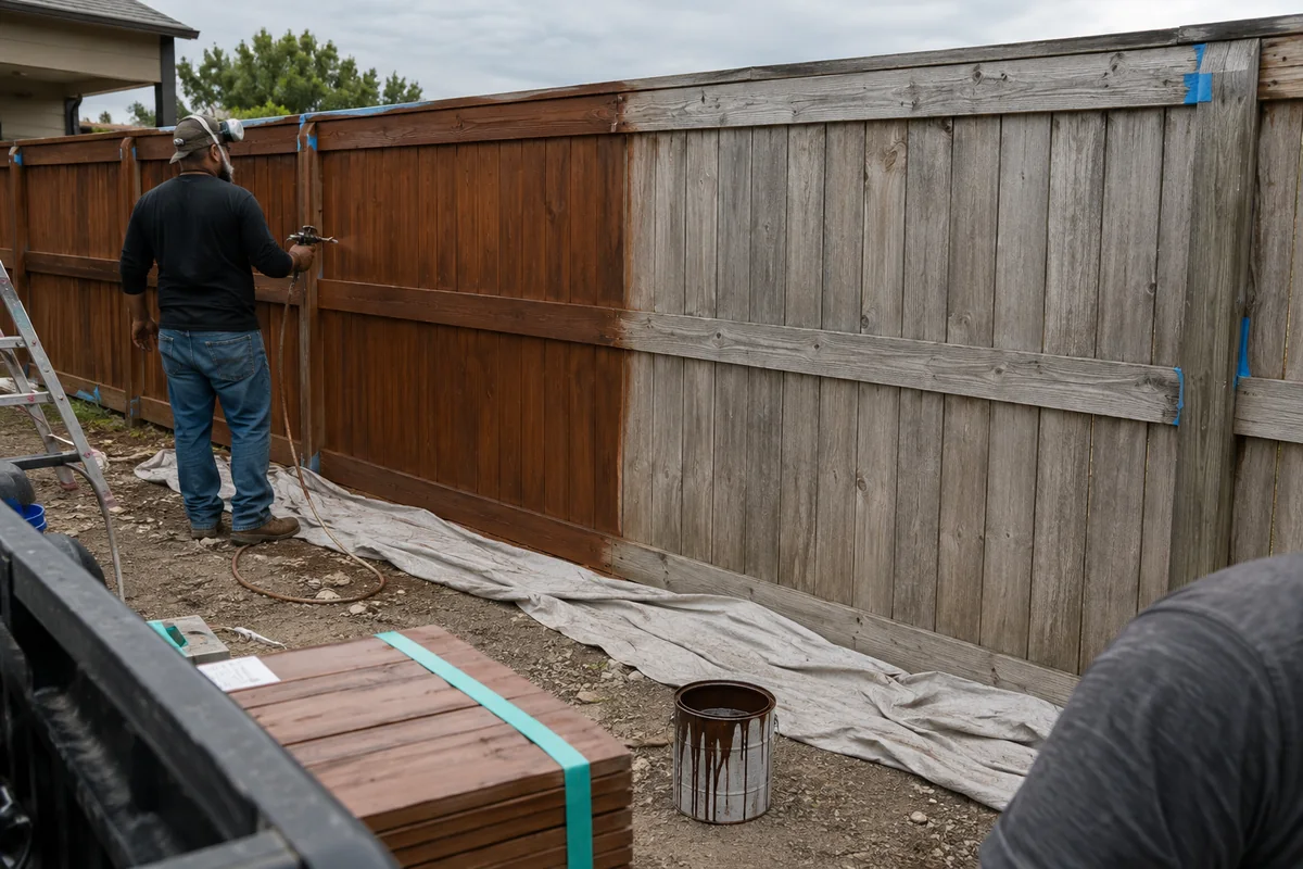Fence Staining & Sealing underway on a property in Jerome, ID